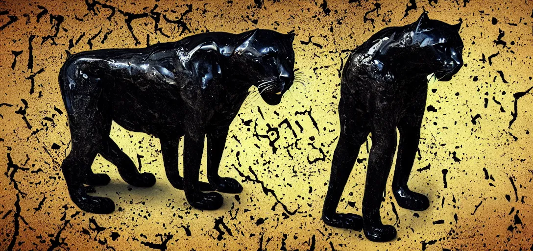 Prompt: a panther, made of tar, sticky, full of tar, covered with tar, dripping tar, dripping tar, splattered tar, sticky tar. concept art, reflections, black goo, animal drawing, desktop background, in the suburban backyard