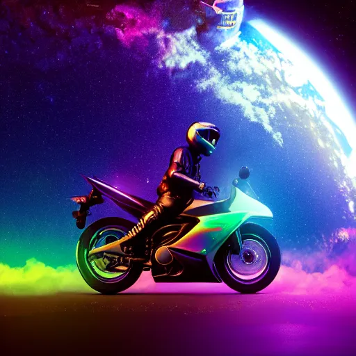 Prompt: high detail photo of a deserted iridescent color yamaha motorcycle floating in space inside magic colorful glowing sparkling fog, circular planet behind it, starry sky, tranquil, desolate, atmospheric, hazy, autochrome, 8k, reflections, octane render, unreal engine 5