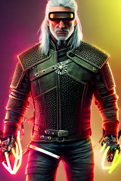 Image similar to geralt of rivia wearing futuristic leather jacket and futuristic goggles, geralt of rivia wielding a neon broadsword, cyberpunk 2 0 7 7, medium shot, background is filled with neon lights and futuristic vehicles, trending on artstation, ultra realistic, 4 k