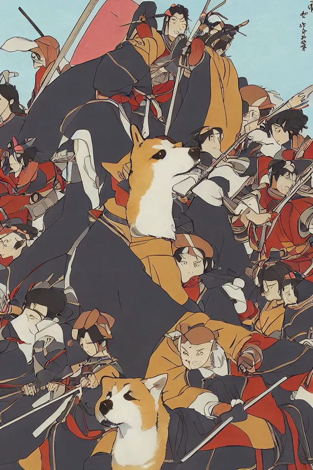 Image similar to a portrait of shiba inus as samurai and warriors, in the art style of studio ghibli, miyao hayazaki, artistic 4 k