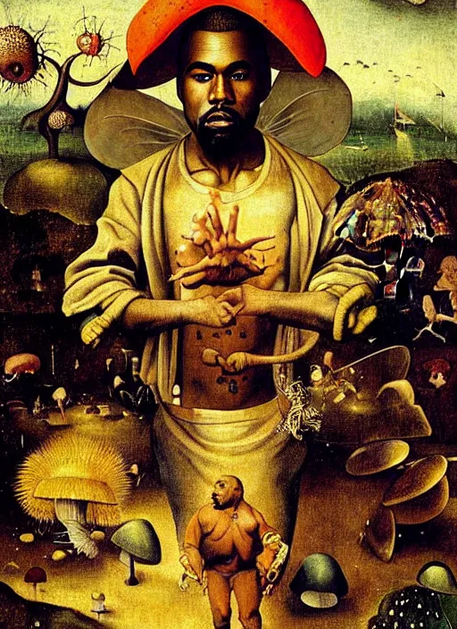 Image similar to portrait of kanye west stars in the sky fairies with detailed faces enchanted forest mushrooms on the ground psychedelic wide angle shot white background vector art illustration gears of war by hieronymus bosch and frank frazetta