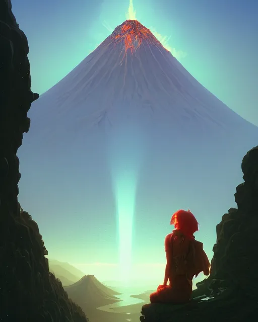 Image similar to highly detailed surreal vfx portrait of a sacred volcano, stephen bliss, unreal engine, greg rutkowski, loish, rhads, beeple, makoto shinkai and lois van baarle, ilya kuvshinov, rossdraws, tom bagshaw, alphonse mucha, global illumination, detailed and intricate environment