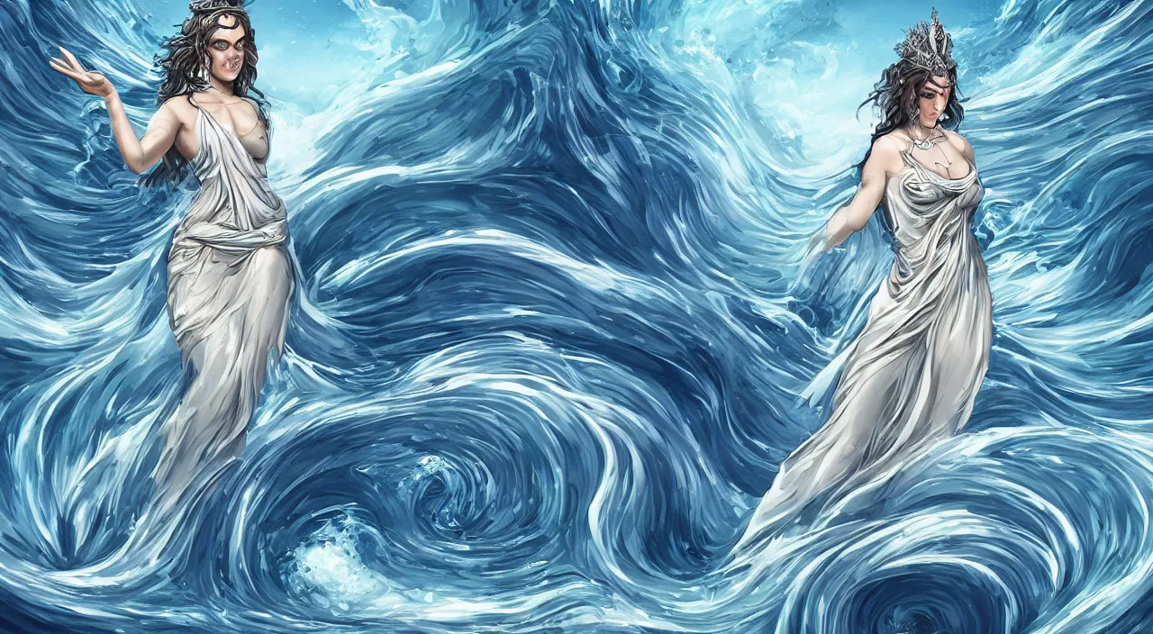 Image similar to goddess of the ocean, beautiful face and dress, background of swirling tidal waves and ancient triremes, naval battle, high contrast digital art, trending on artstation, symmetrical