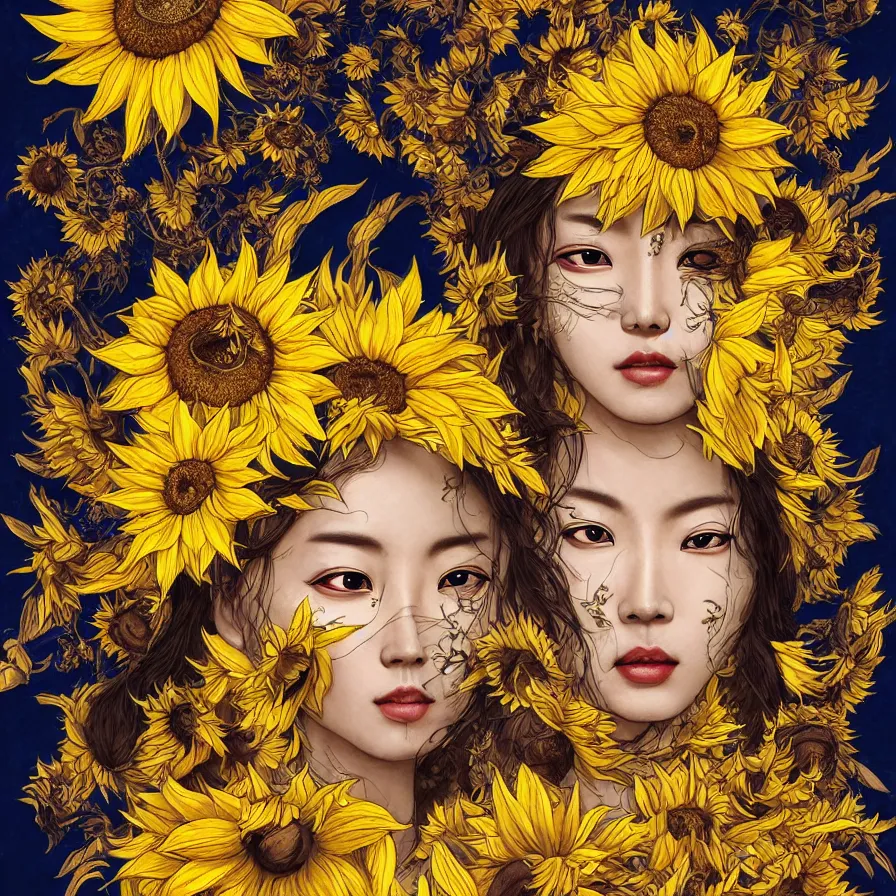 Image similar to The beautiful sunflower Chinese goddess-queen and her eyes burning with fire, she wears an helianthus crown and a black, brown and yellow dress, colourful artwork, indigo background, surreal, dramatic lighting, face, detailed, intricate, elegant, highly detailed, digital painting, artstation, concept art, smooth, sharp focus, illustration, art by Sam Spratt, Dan Mumford, Artem Demura and Alphonse Mucha