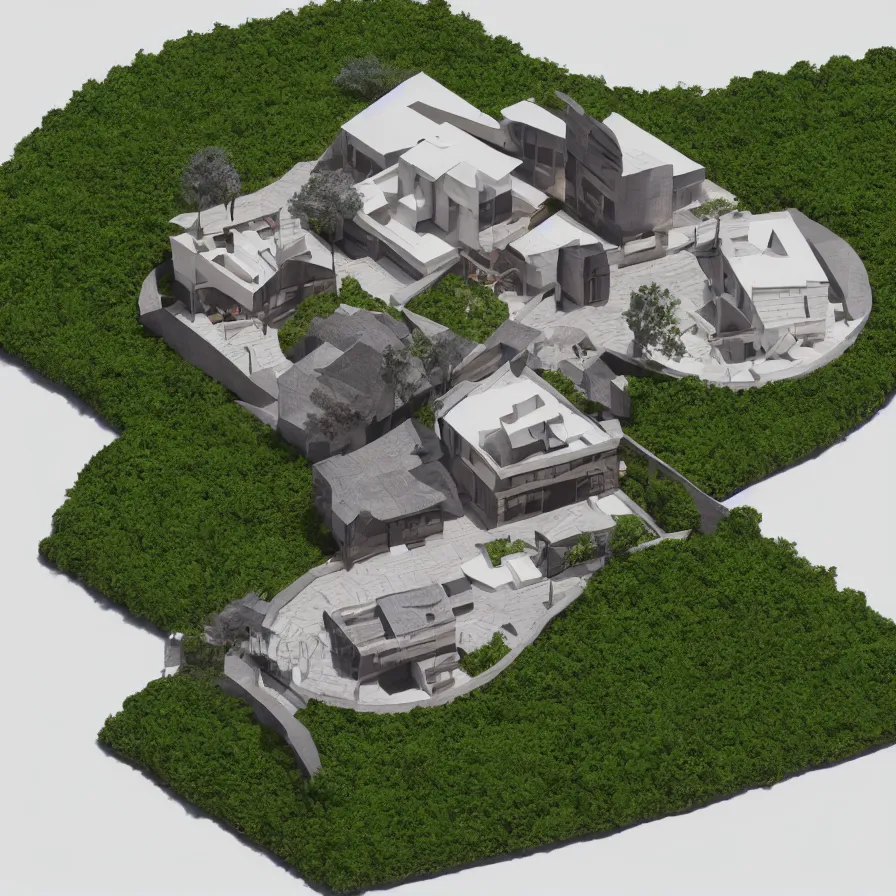 Prompt: architectural model, isometric view, 3 d render, studio lighting, low contrast, dark background, highly detailed, single building, single plot, a house, circular courtyard, tree