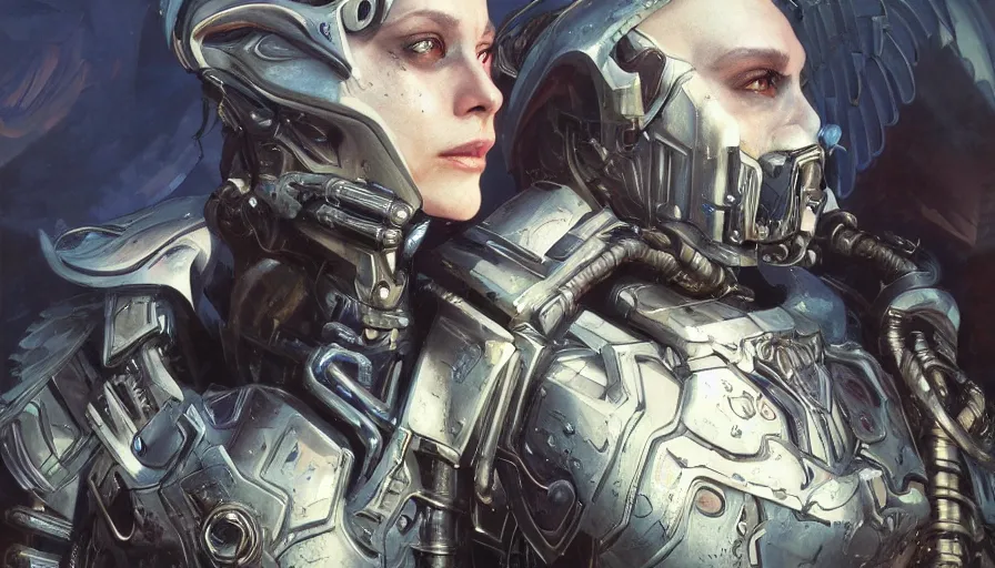 Image similar to scifi character portrait Painting of a futuristic archangel from, warhammer40k , dystopian mood, intricate, wild, highly detailed, digital painting, artstation, concept art, smooth, sharp focus, illustration, art by artgerm and greg rutkowski, and alphonse mucha