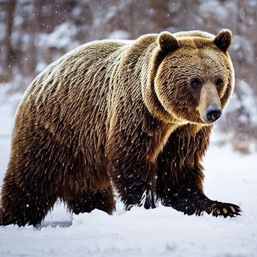 Image similar to Photorealistic photograph of a bear in snow by Sergey Gorshkov, photorealism, photorealistic, realism, real, highly detailed, ultra detailed, detailed, f/2.8L Canon EF IS lens, Canon EOS-1D Mark II, Wildlife Photographer of the Year, Pulitzer Prize for Photography, 8k