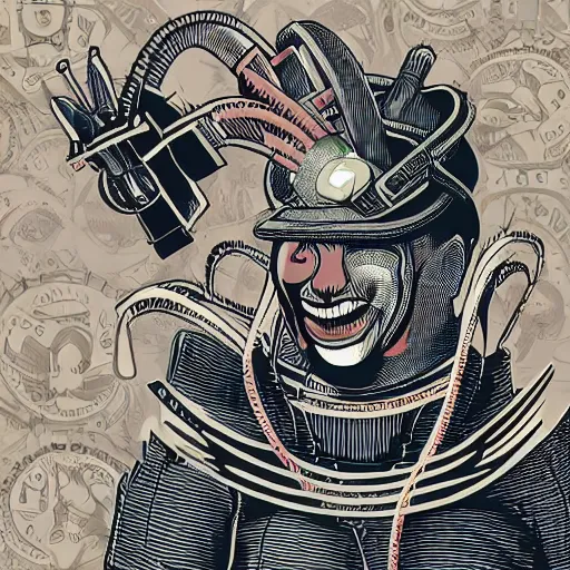 Image similar to Illustrated by Shepard Fairey and H.R. Geiger | Steampunk Clown Vampire with VR helmet, surrounded by cables