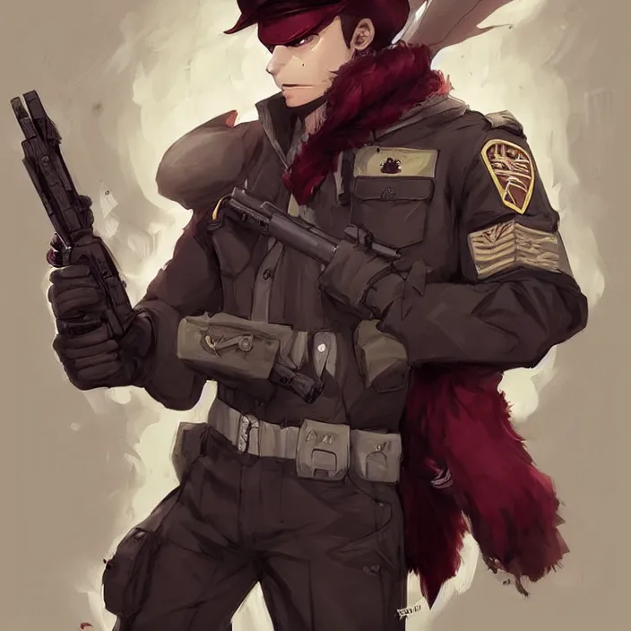 Image similar to beautiful portrait commission of a male furry anthro!!! half-bat half-shark wearing military clothes and a maroon beret. Active Warzone with guns and explosions Atmospheric. Character design by charlie bowater, ross tran, artgerm, and makoto shinkai, detailed, inked, western comic book art
