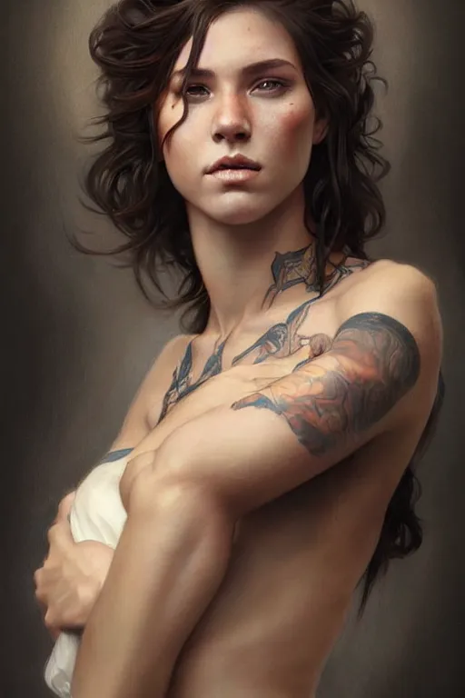 Prompt: photorealistic portrait of a young butch fae woman, handsome, female, masculine, upper body, fantasy, fierce, sharp features, intricate, elegant, highly detailed, digital painting, artstation, concept art, matte, sharp focus, illustration, art by artgerm and greg rutkowski and alphonse mucha