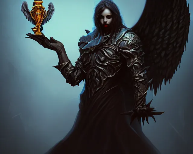 Image similar to dark art blizzard, portrait of fallen man angel with wings with award in his hand, bokeh. dark art masterpiece artstation. 8k, sharp high quality illustration in style of Jose Daniel Cabrera Pena and Leonid Kozienko, concept art by Tooth Wu