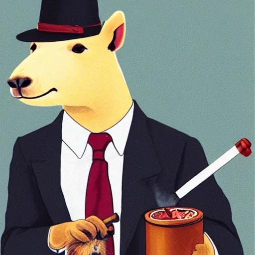 Image similar to an antropomorphic capybara wearing a suit smoking a cigar