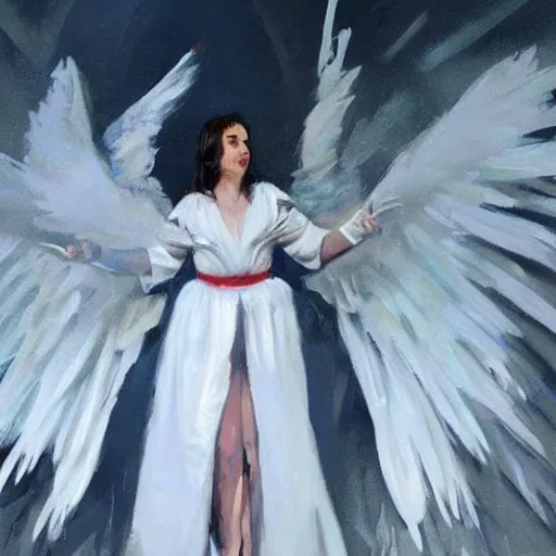 Image similar to Painting by Greg Rutkowski, an opera singer in a white dress with wings on stage