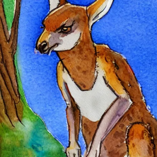 Prompt: watercolor sketch of a story book kangaroo in the style of soviet propaganda