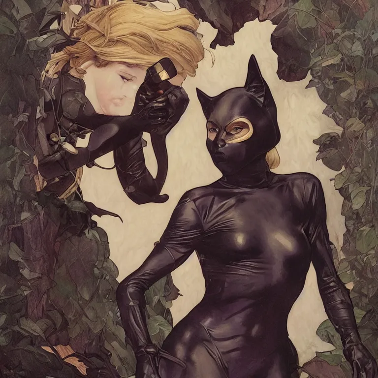 Image similar to Erin Moriarty as Cat Woman, highly detailed, digital painting, artstation, concept art, smooth, sharp focus, illustration, ArtStation, art by artgerm and greg rutkowski and alphonse mucha and J. C. Leyendecker and Edmund Blair Leighton and Katsuhiro Otomo and Geof Darrow and Phil hale and Ashley wood and Ilya repin and Charlie Bowater