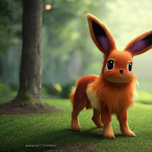 Prompt: photography of a realistic eevee animal, ultra detailed, 8 k, cinematic lighting, natural background, trending on artstation, pokemon