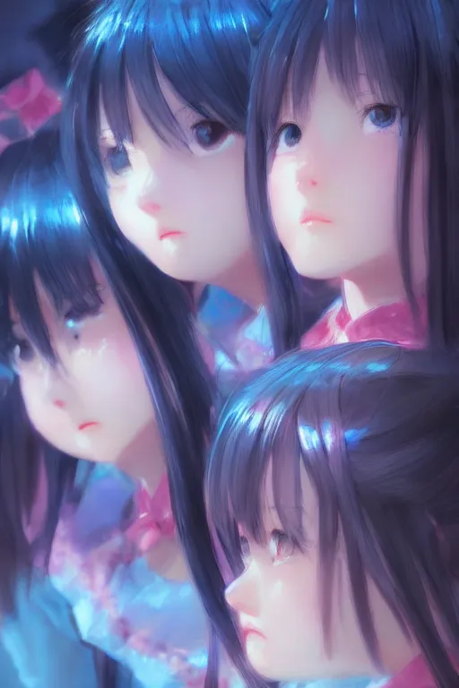 Prompt: 3d infrared octane render concept art by Mo Xiang Tong Xiu, by Igarashi Daisuke, by makoto shinkai, cute beauty cozy portrait anime schoolgirls under dark pink and blue tones, mirror room. light rays. water bellow. pretty realistic face. pretty sad eyes texture. dramatic light, trending on artstation, oil painting brush