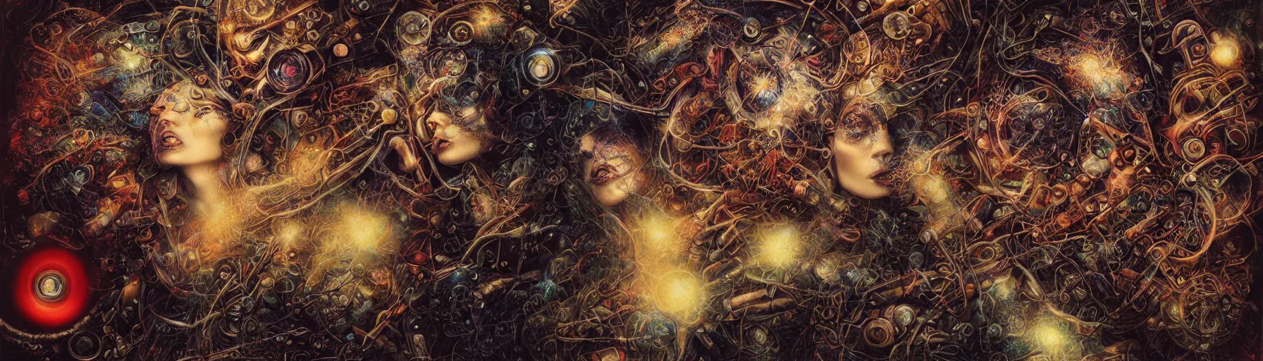 Image similar to dense web of neurons firing, psychedelic lights and fog, guns n roses imagery, zdzislaw, ayami kojima, yamamoto, barclay shaw, karol bak, hyperrealist, 8 k, steampunk