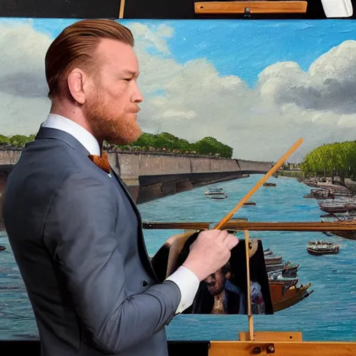 Image similar to mcgregor is dressed as a gentleman at early 2 0 th century paris. he is watching an easel. that easel has a canvas on it. ewan mcgregor has a brush on his hand. he is painting a painting. on background has river seine, morning sun, dark clouds, lightning, dc comics