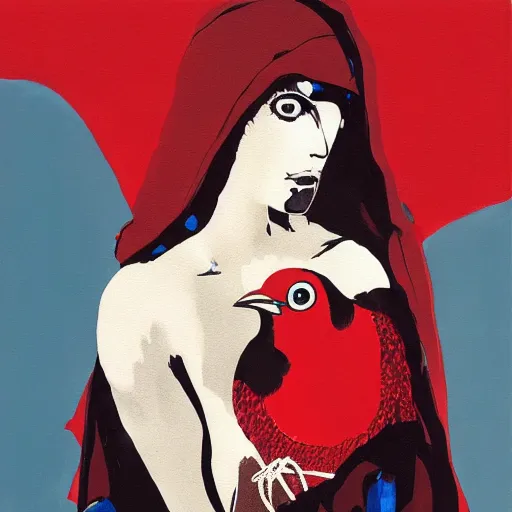 Image similar to portrait of a naive latin woman wearing a red hood, with a mechanical neon-eyed wren-bird sitting on her shoulder, oil on canvas by Yoji Shinkawa and Stina Persson