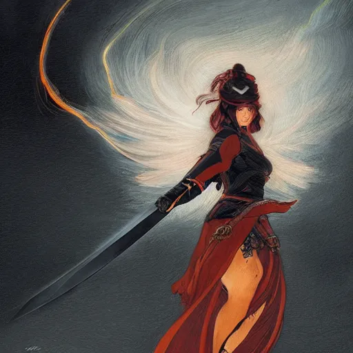 Prompt: a detailed picture of a female ninja holding a flaming katana, ominous nighttime storm, fantasy, d & d, intricate, elegant, highly detailed, digital painting, artstation, concept art, matte, sharp focus, illustration, art by john collier and albert aublet and krenz cushart and artem demura and alphonse mucha