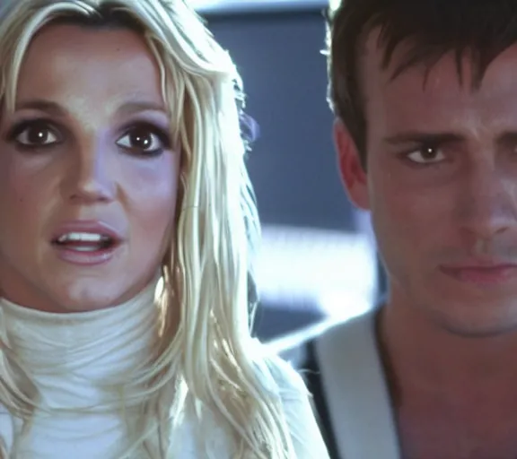 Prompt: a movie still of britney spears as a cuffed prisoner in the movie star wars