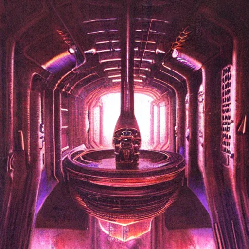 Prompt: painting of a syd mead scifi ancient civilzation interior engine room, purple sun, hr giger, beksinski