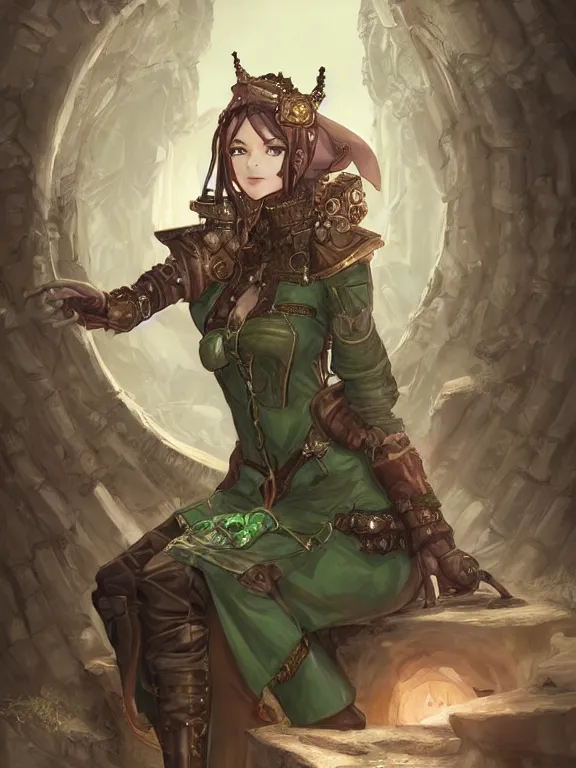 Prompt: portrait of a steampunk geomancer in the stone palace, female, alluring, tech robes, cloak, dark skin, green eyes, elf, sitting on bent knees, high fantasy, detailed face, highly detailed, digital illustration, by rossdraws