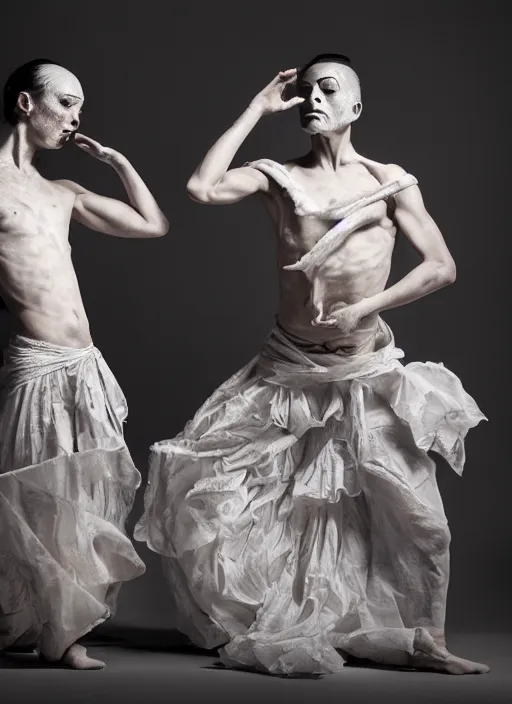 Prompt: expressive potrait photo of male and female butoh dancers dancing with cloth, glamour shot, by jenny saville, by stefan gesell, photorealistic, canon r 3, fashion photography, hyper maximalist, elegant, ornate, luxury, elite, environmental portrait, symmetrical features, octane render, unreal engine, solid dark grey background, dramatic lights