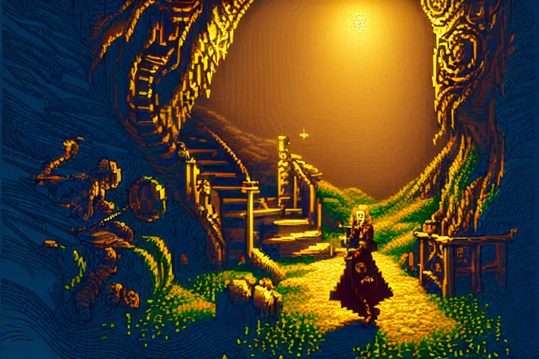 Image similar to the bard's tale, beautiful detailed pixelart by albertov, intricate details, beautiful, dithered gradients, volumetric lighting, cgsociety, artstation, smooth, sharp focus, 2 d illustration, amazing art by dan mumford