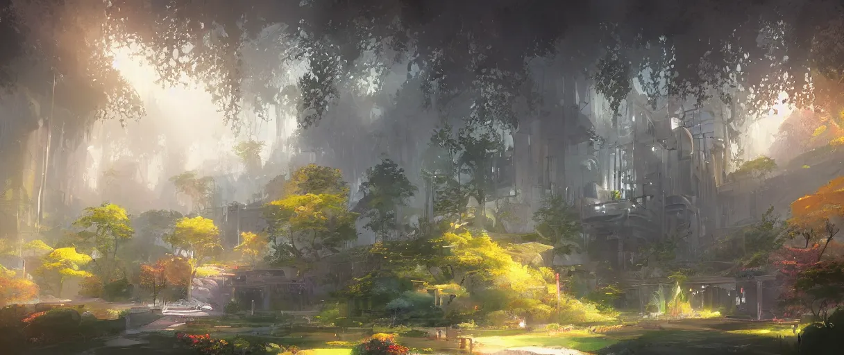 Image similar to modern academy city castle in the forest behind a garden, huge, concept art, digital painting, style of jordan grimmer, warm lighting, futuristic, volumetric lighting, view from below, vivid colours, bright, daytime, godrays, high detail