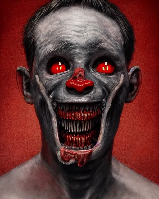 Prompt: Haunting horrifying detailed painting of a man made of sausages, rotten teeth and glowing red eyes, black eye shadow, hyper detailed, trending on Artstation