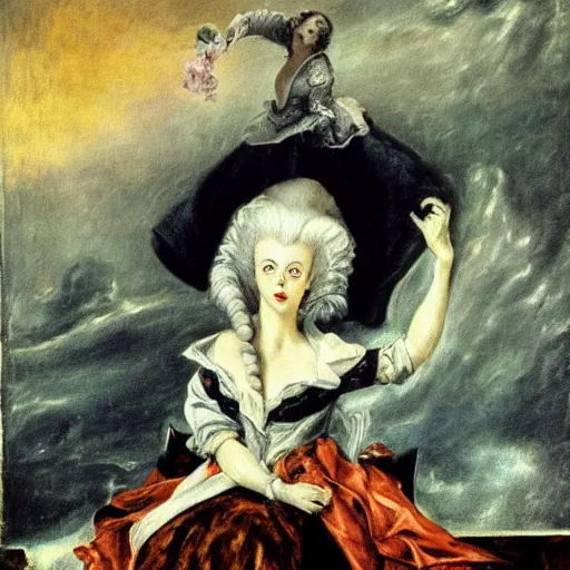 Image similar to Marie Antoinette levitating over the seas. By El Greco, Remedios Varo, Salvador Dali, Carl Gustav Carus, John Atkinson Grimshaw. Award winning, trending on artstation, masterpiece, highly detailed.