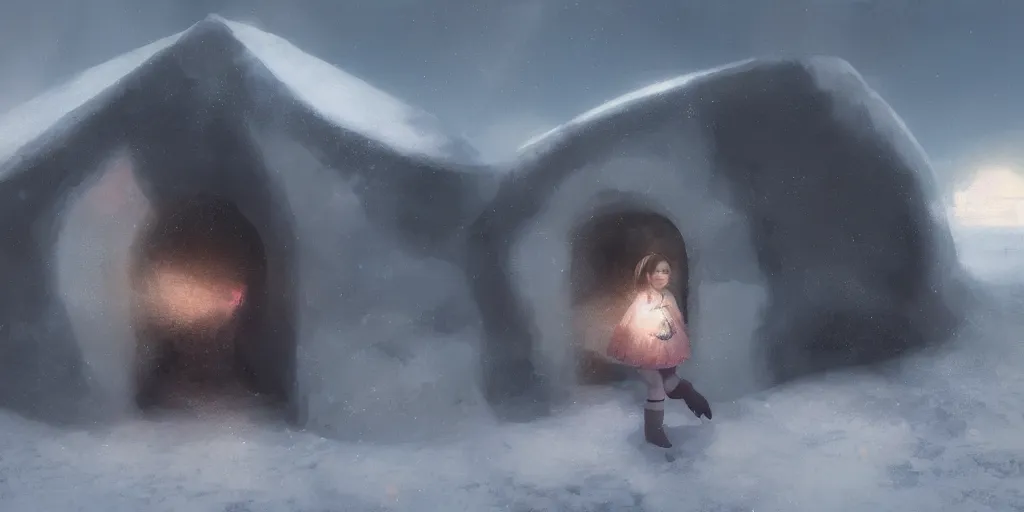 Image similar to young girl back to us in front of an igloo in the tundra,, joyful matte painting by ruan jia and craig mullins, trending on artstation