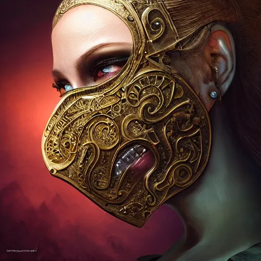 Prompt: Very very very very highly detailed epic central composition studio photography of face with venetian mask, intricate, dystopian, sci-fi, extremely detailed, digital painting, artstation, concept art, smooth, sharp focus, illustration, intimidating lighting, incredible art by Anna Dittmann and Jesper Ejsing and Anton Pieck