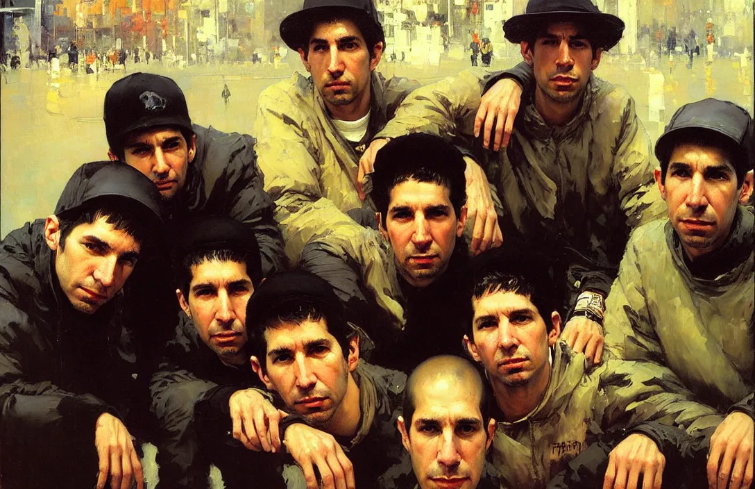 Image similar to portrait of beastie boys!!!!!!!!!!!!!!!!!!!!!!!!!!!, detailed face, detailed painting,, epic lighting, by ilya repin, phil hale and kent williams