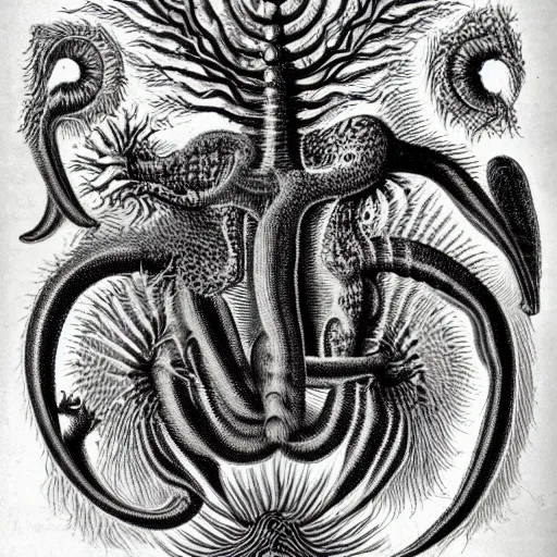 Prompt: surreal bestiary of repressed unconscious emotional monsters and creatures, illustrated by Ernst Haeckel and Robert Fludd