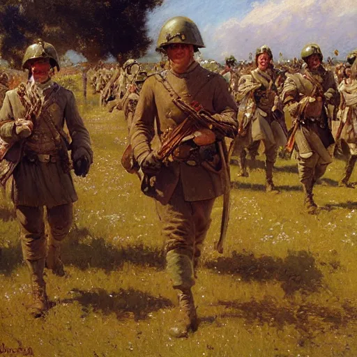 Image similar to detailed wide shot of soldiers marching in the field, spring light, painting by gaston bussiere, craig mullins, j. c. leyendecker