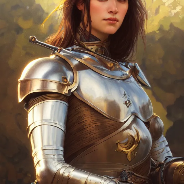 Prompt: close up portrait of beautiful female medieval knight, valley background, subsurface scattering, artistic, art by artgerm, greg rutkowski and alphonse mucha, artstation, octane render,