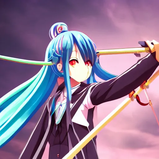 Image similar to Hatsune Miku is archery,handsome anime pose, anime full body illustration, 8K, best anime character design, Official character illustration,Popular on Pixiv