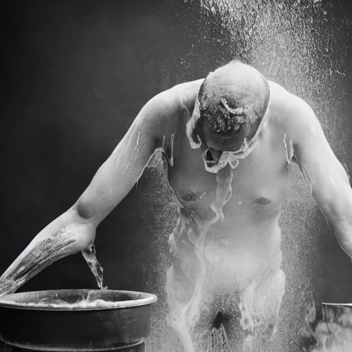 Prompt: a person bathing in boiling oil, portrait photograph