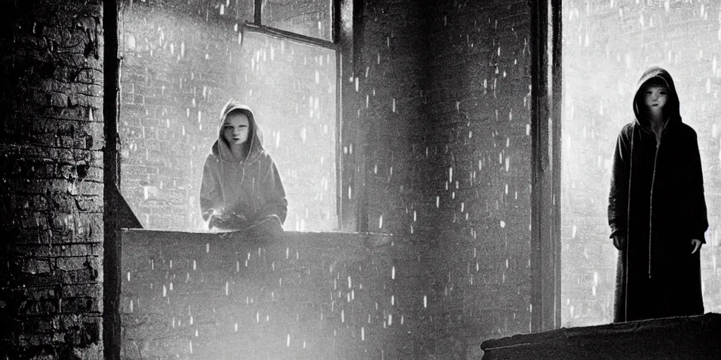 Image similar to at night, sadie sink in hoodie sits on windowsill, knees tucked in | rain falls, old brick wall with ussr propaganda posters : imax b & w film stock, anamorphic, single long shot from schindler's list by steven spielberg. cyberpunk, cinematic atmosphere, detailed and intricate, perfect anatomy