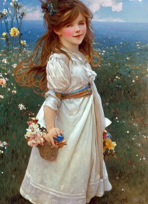 Prompt: a cute little girl with long golden hair wearing a sky blue shirred summer dress smiles in the square of a french village, beautiful painting by artgerm and greg rutkowski and alphonse mucha