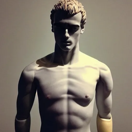 Prompt: “ a realistic detailed photo of a guy who is an attractive humanoid who is half robot and half humanoid, who is a male android, soccer player antoine griezmann, shiny skin, posing like a statue, blank stare, on the bed, on display ”