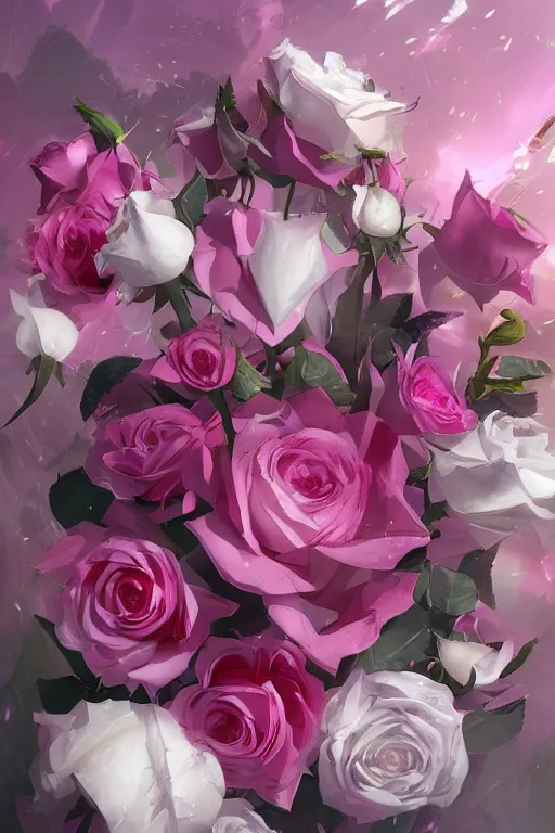 Prompt: concept art magic invisible blades slicing through a bouquet of white and pink roses, flowers exploding and spraying, big puffy clouds, large rose petals, lotus petals, large polygonal background elements, large polygons, dramatic anime, dramatic lighting, artgerm, manga, trending on artstation, marco bucci, mature colors