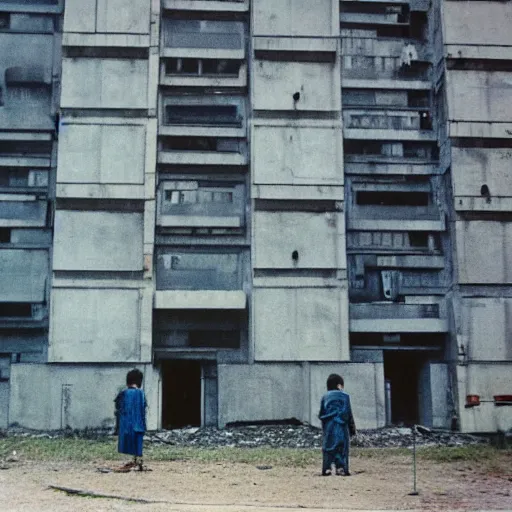 Prompt: brutalist buildings, rundown buildings, orwellian dystopia, totalitarian murals on building walls, hooligans with shaggy hair and blue suits, 1 9 7 1 cinematic, 8 mm photo lens, kodak