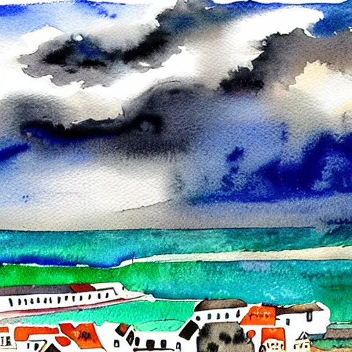 Prompt: a watercolor painting of a landscape panorama of a cozy seaside village with a menacing storm cloud on the ocean horizon, highly detailed, masterpiece, vivid colors, by anthony micallef by camille rose garcia,