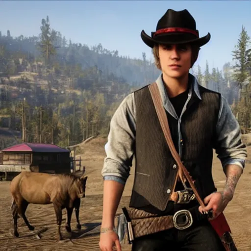 Prompt: gameplay footage of Justin Bieber in red dead redemption 2