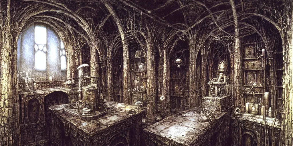 Image similar to detailed laboratory of alchemist and dark mage, room of necromancer by Beksinski, Luis Royo