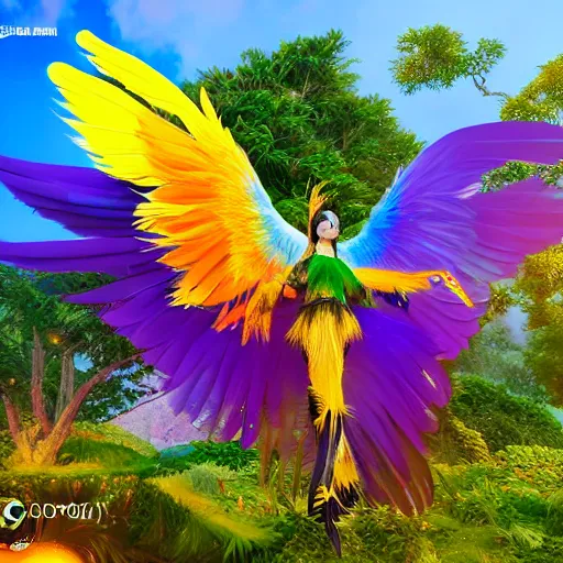 Image similar to fantasy forest, most colourful bird in philippine folklore, the magnificent, extremely beautiful ibong adarna with wings spread flying, long grand feathers, ultra - realistic, intricate details, 8 k, ultra - detailed, unreal engine five render